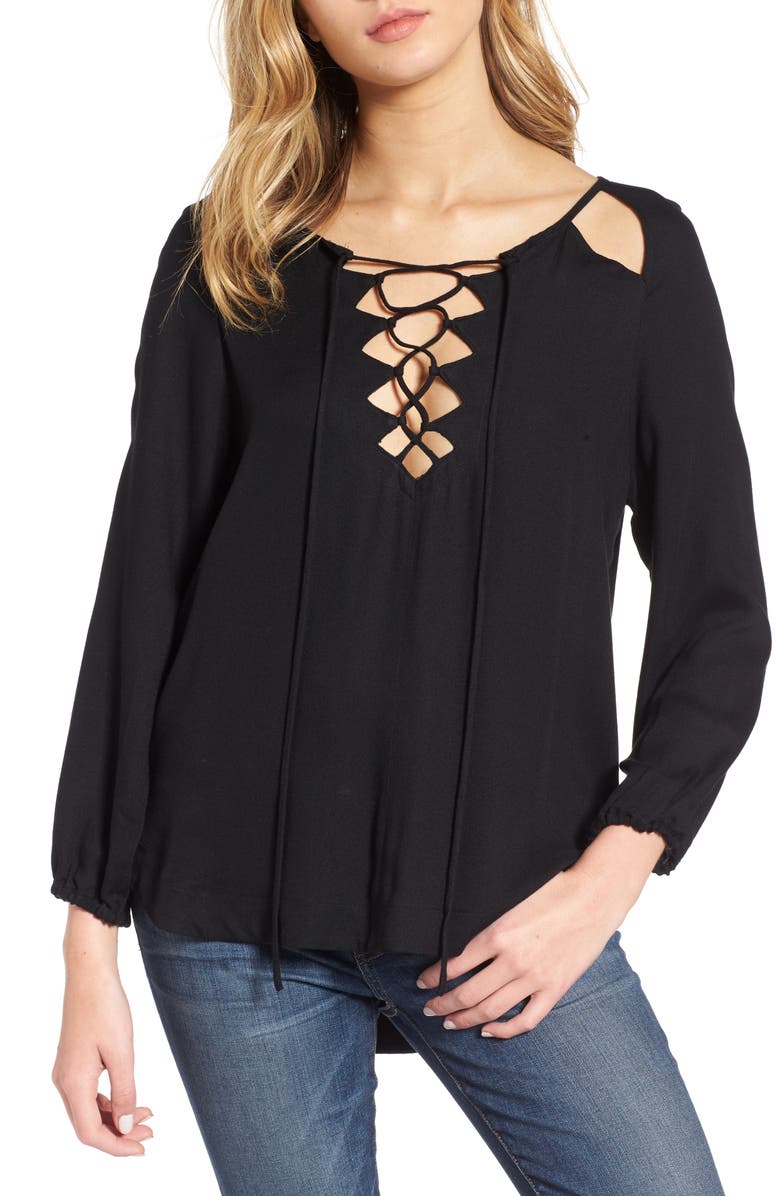 Ella Moss Stella Cutout Lace-Up Blouse, Main, color, 