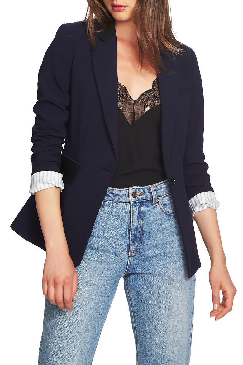 One-Button Stretch Crepe Blazer, Main, color, BLUE NIGHT