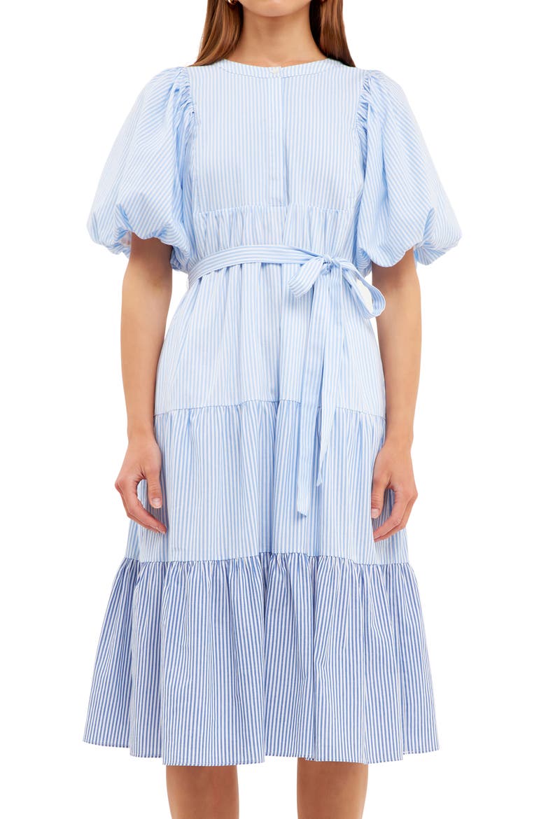 Stripe Puff Sleeve Dress, Main, color, BLUE