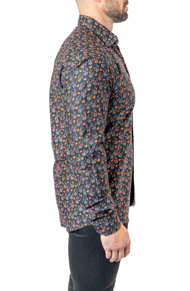 Maceoo Fibonacci Skull Heart Contemporary Fit Button-Up Shirt, Alternate, color, Black
