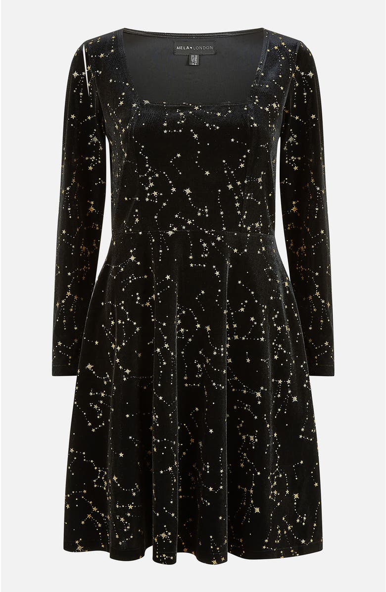 Yumi Star Foil Print Skater Dress, Alternate, color, Black