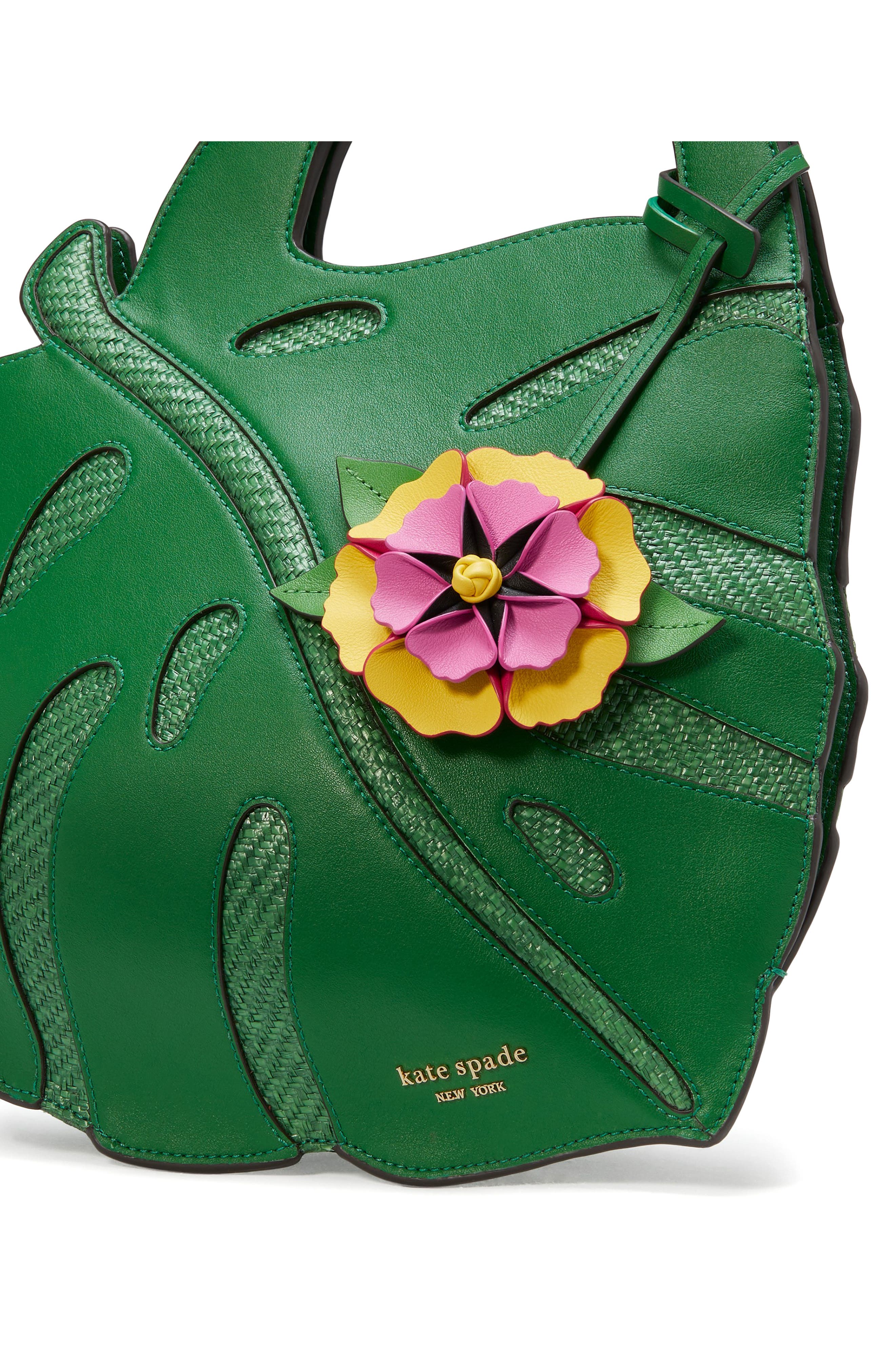 Kate Spade New York playa 3D leaf leather & straw top handle bag, Alternate, color, 