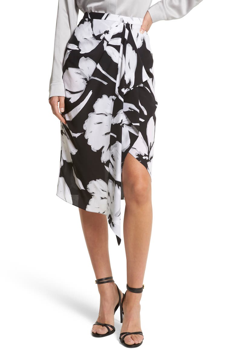 Michael Kors Collection Brushstroke Floral Draped Panel Silk Crepe de Chine Skirt, Main, color,