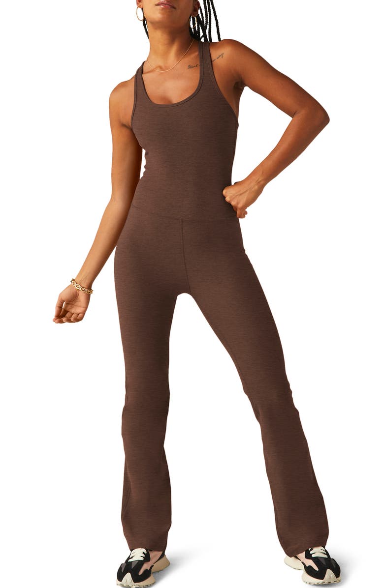 Beyond Yoga All Around Space Dye Flare Leg Jumpsuit, Main, color, Bold Mocha Heather