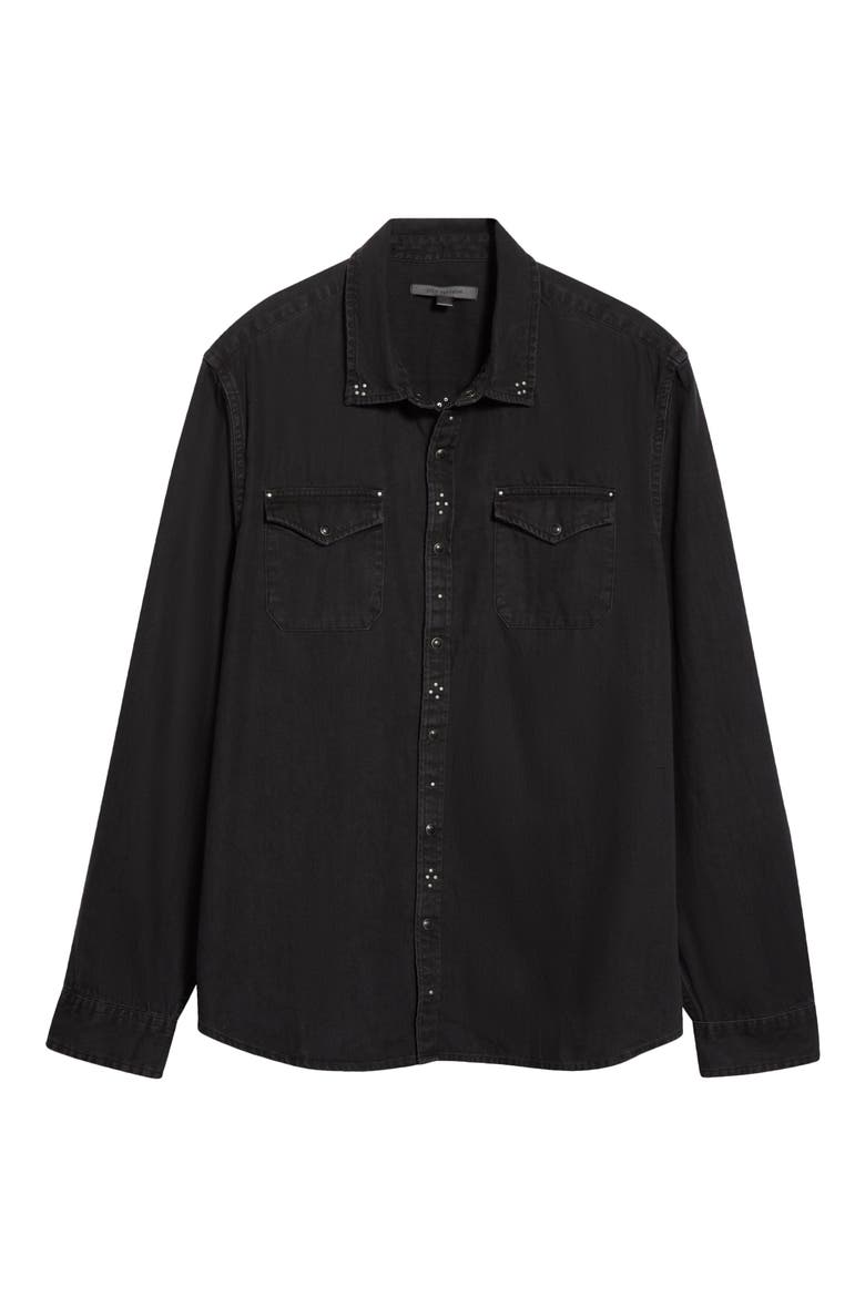 Marshall Studded Coated Cotton Denim Snap-Up Western Shirt, Alternate, color, BLACK