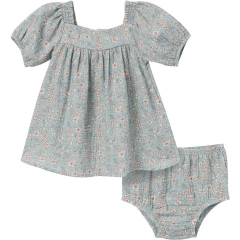 Puffed Sleeve Dress and Diaper Cover Set