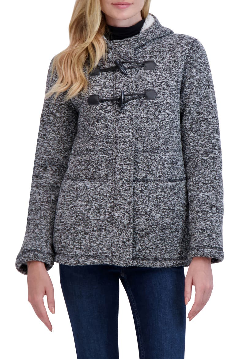 Toggle Front Hooded Faux Shearling Sweater Jacket, Main, color, BLACK