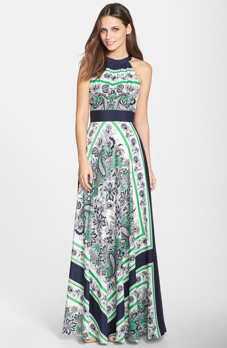 Eliza J Scarf Print Halter Maxi Dress, Main, color, 