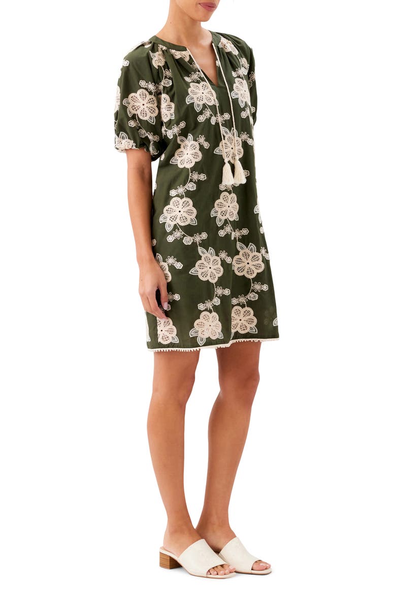 Karen Kane Embroidered Puff Sleeve Tassel Tie Dress, Alternate, color, Olive/ Natural