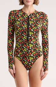 Betsey Johnson Long Sleeve One-Piece Scuba Zip Up Swimsuit