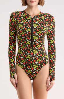 Betsey Johnson Long Sleeve One-Piece Scuba Zip Up Swimsuit