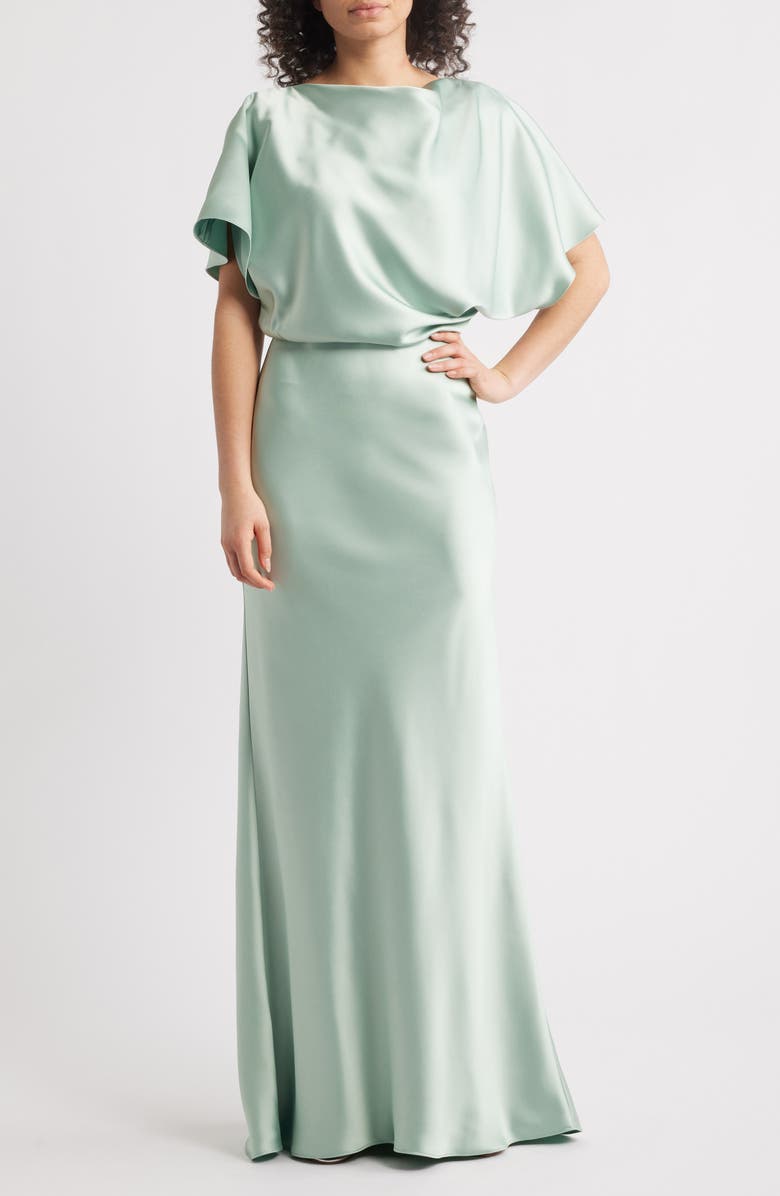 Amsale Blouson Bodice Bias Cut Satin Gown, Main, color, Sage