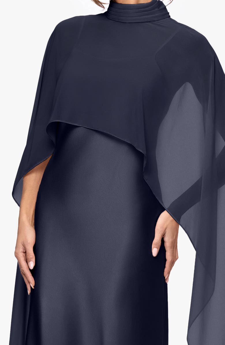 Xscape Evenings Satin Gown with Chiffon Overlay, Alternate, color, Navy