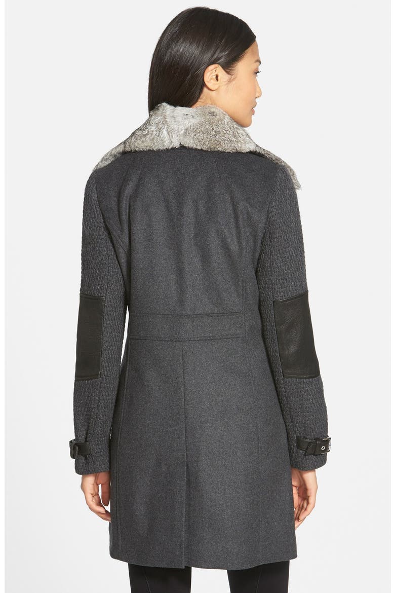 Wool Blend Coat with Leather Trim & Genuine Rabbit Fur Collar, Alternate, color, DARK CHARCOAL