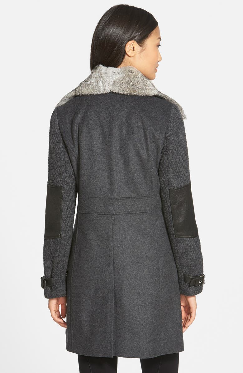 Andrew Marc Wool Blend Coat with Leather Trim & Genuine Rabbit Fur Collar, Alternate, color,