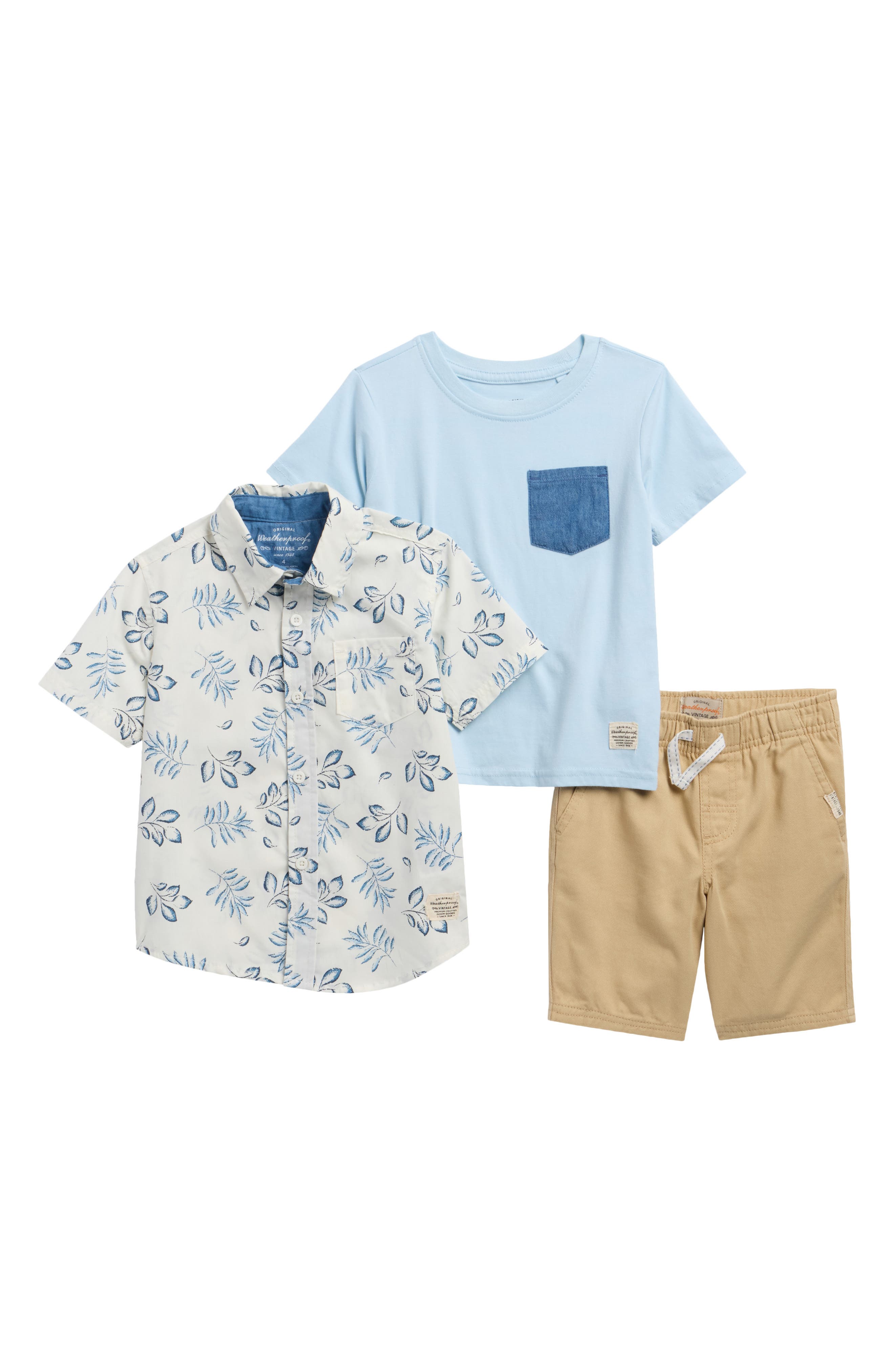 Weatherproof® Kids' Short Sleeve Woven Button-Up Shirt, Pocket T-Shirt & Shorts Set