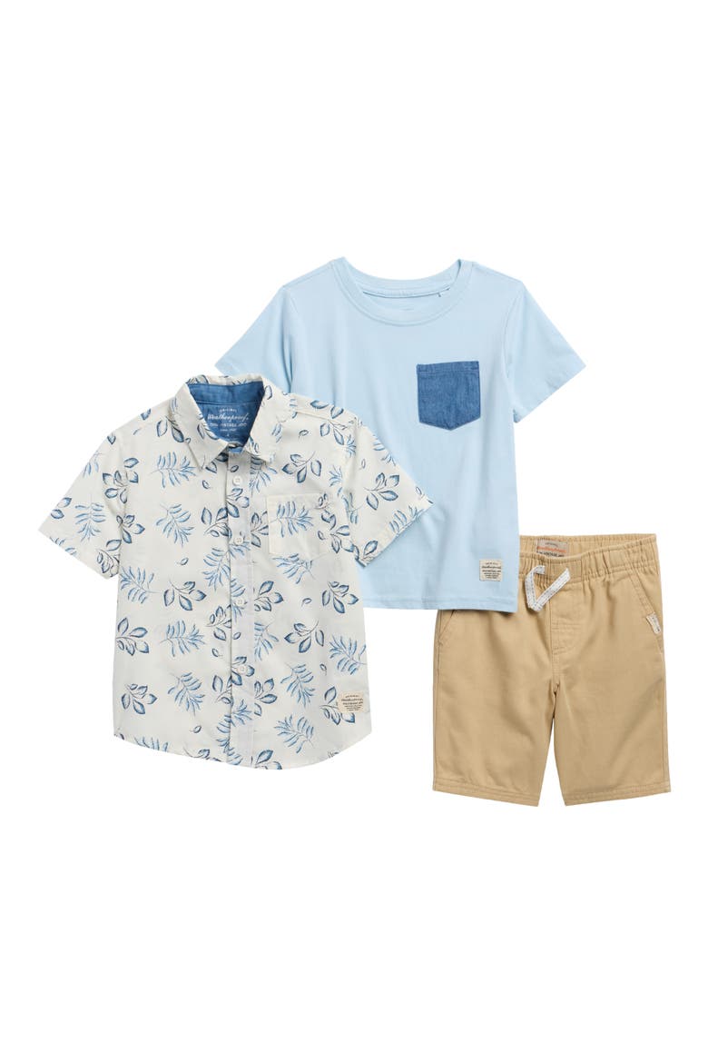 Kids' Short Sleeve Woven Button-Up Shirt, Pocket T-Shirt & Shorts Set, Main, color, KHAKI