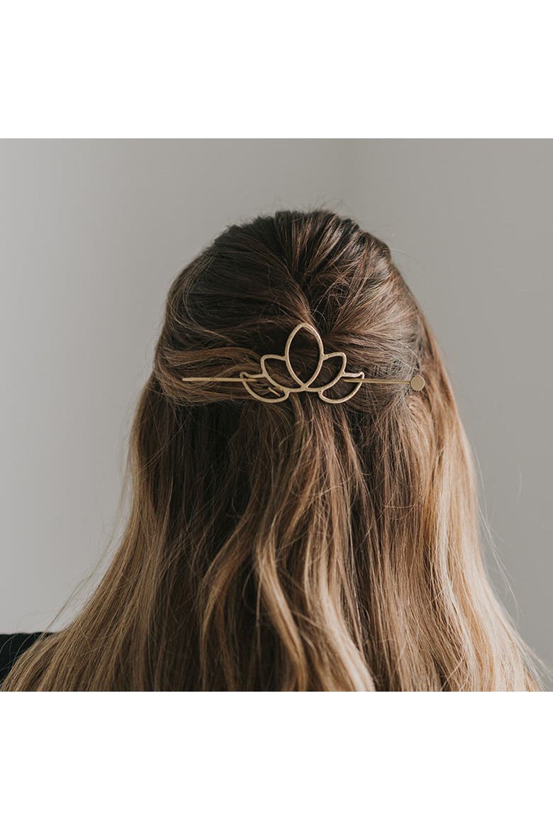 Kairavini Lotus Hair Slide With Stick, Alternate, color, Gold