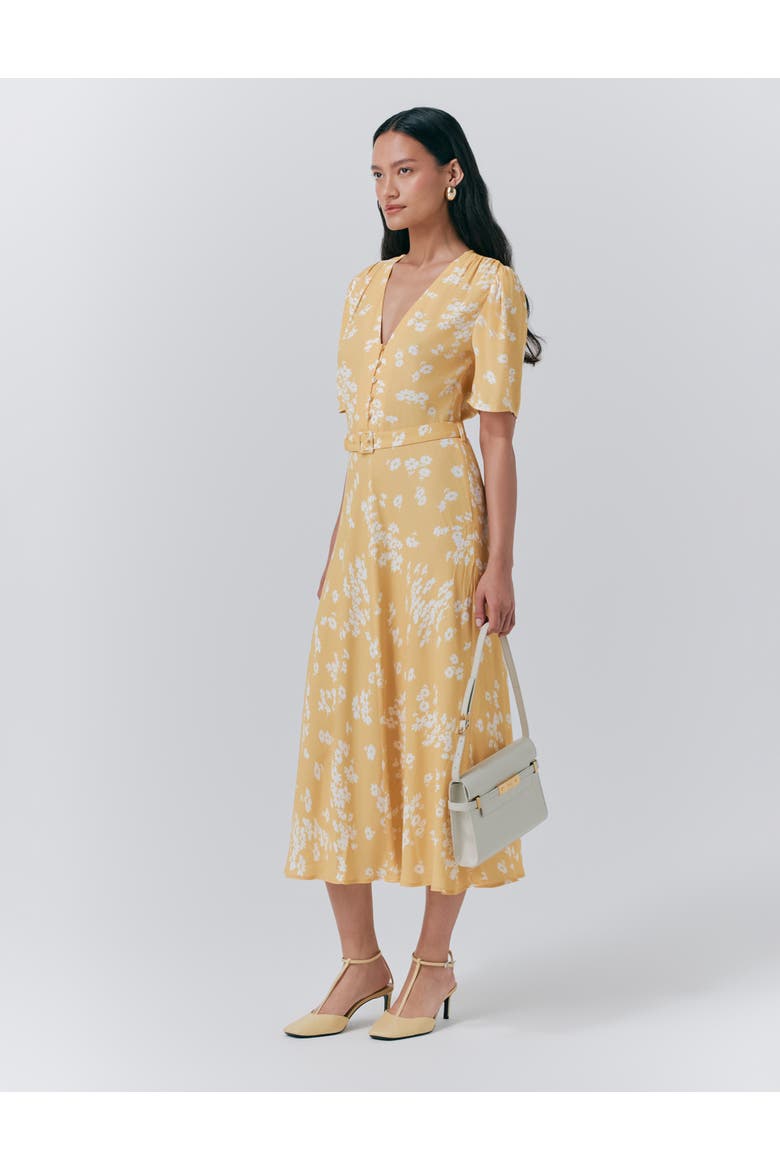 Jemima Crepe Floral Belted Midi Dress, Alternate, color, Yellow Daisy Ray
