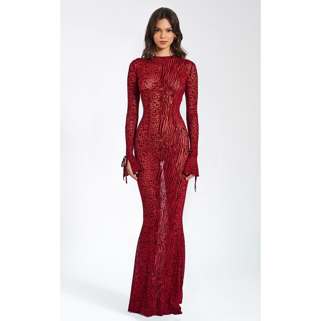 Miss Circle Waylynn Sheer Burnout Velvet Backless Evening Maxi Dress In Red