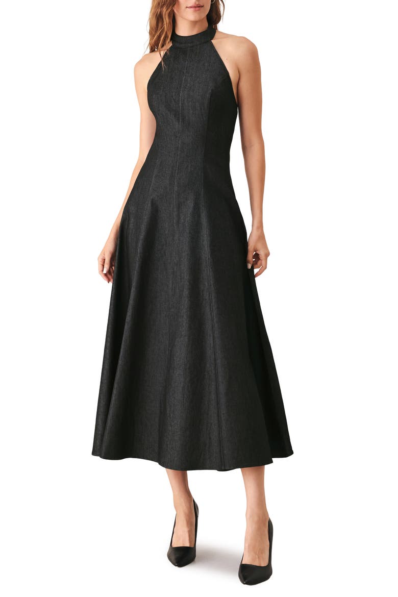 Halter Neck Denim Midi Dress, Main, color, DARK DENIM
