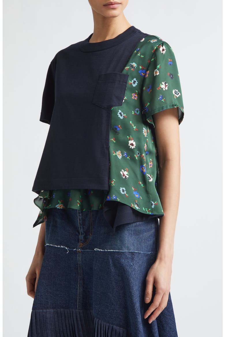 Mixed Media Cotton Jersey & Floral Satin Pocket T-Shirt (Women