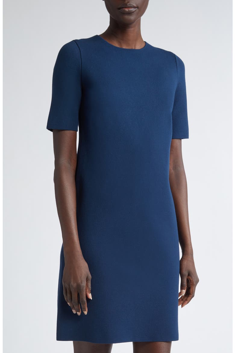 Short Sleeve Matte Crepe Shift Dress, Alternate, color, LIDO BLUE