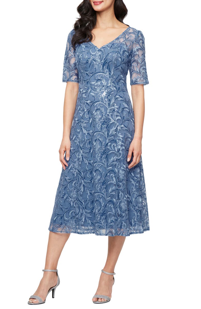 Alex Evenings Embroidered Tulle Cocktail Dress, Main, color, Dusty Blue