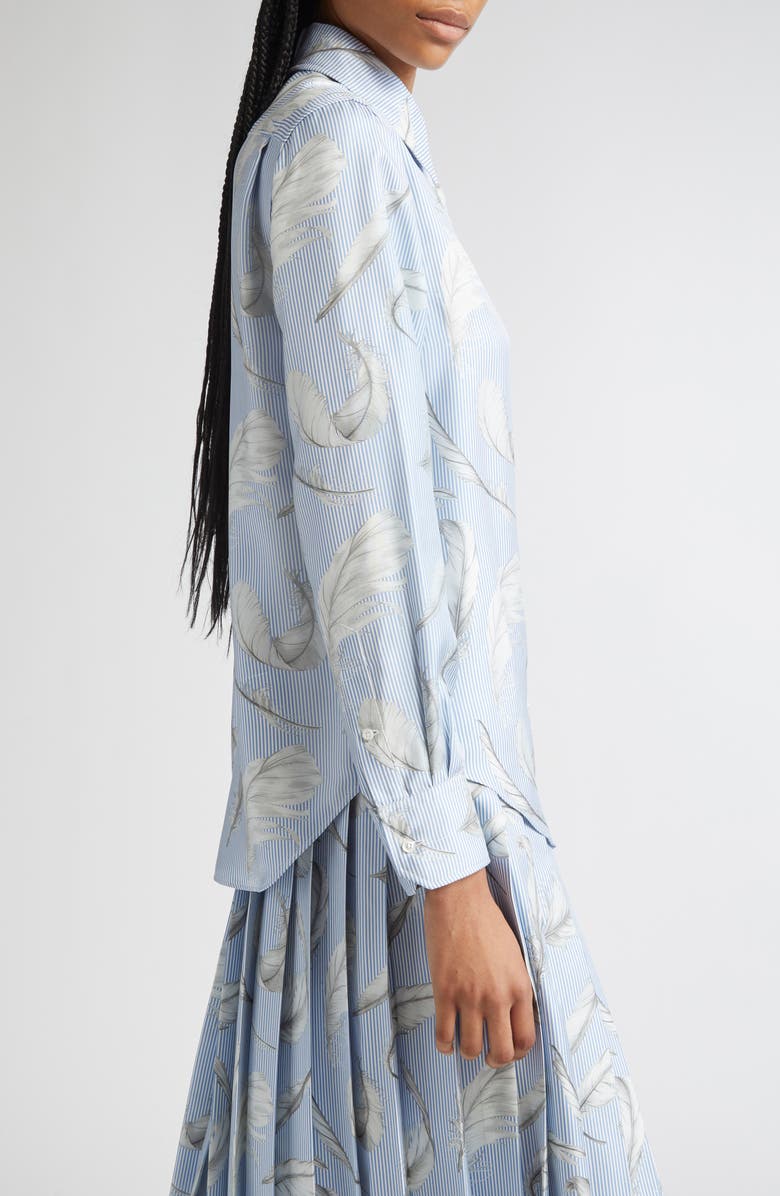Thom Browne Feather Print Stripe Silk Button-Up Shirt, Alternate, color, Light Blue