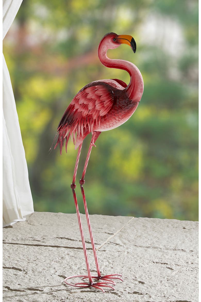 Metal Standing Flamingo Garden Statue with Stakes, Alternate, color, Pink