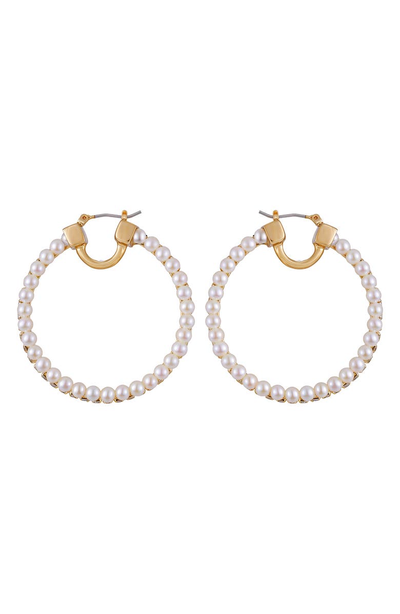 Vince Camuto Pavé Crystal & Faux Pearl Hoop Earrings, Alternate, color, Gold Tone