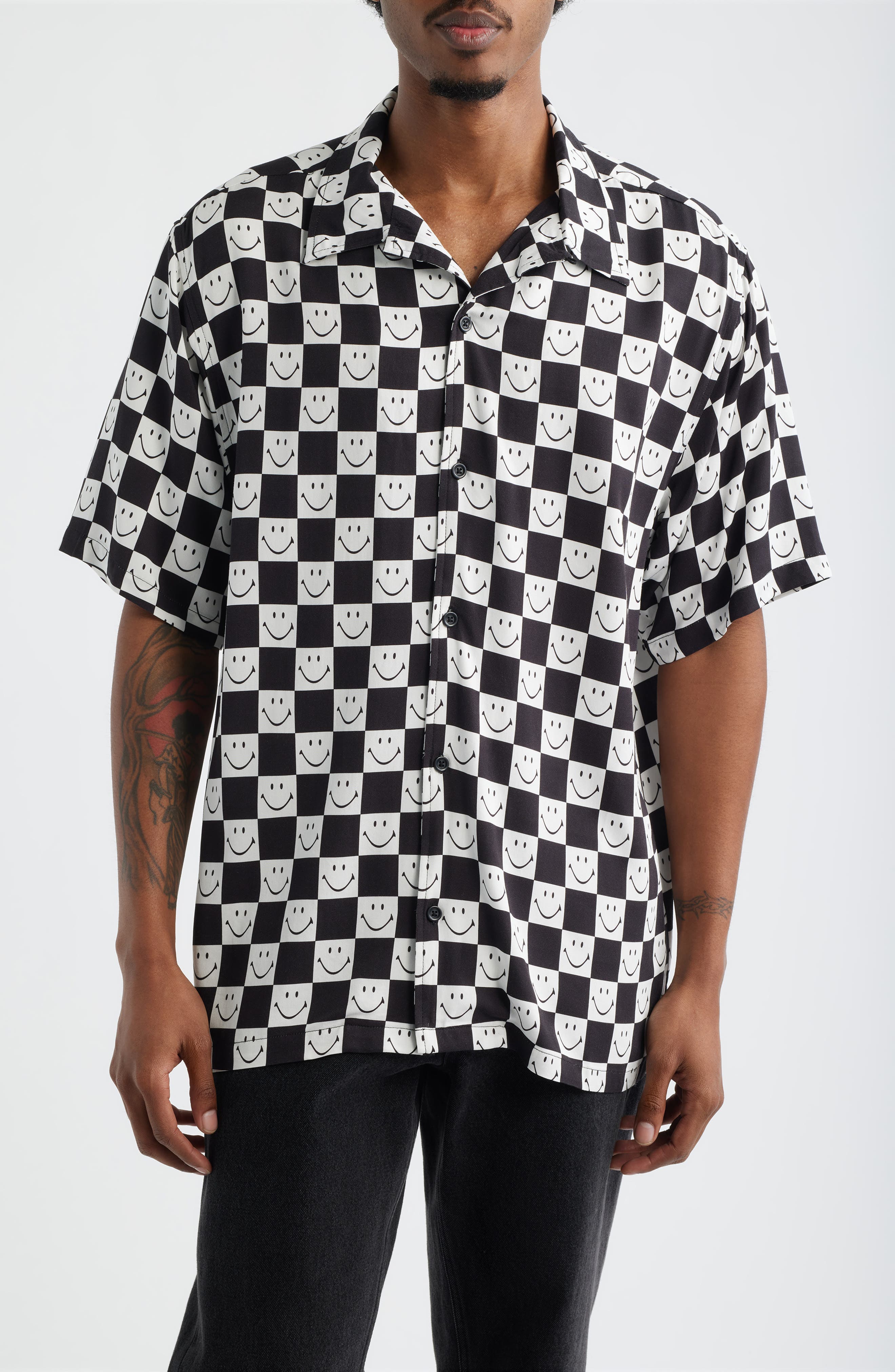 SMILEY Checkerboard Print Camp Shirt