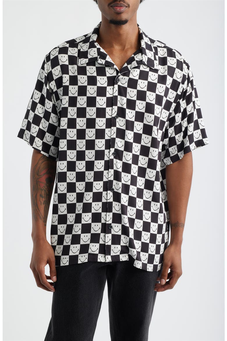 SMILEY® Checkerboard Print Camp Shirt, Main, color, BLACK/ WHITE