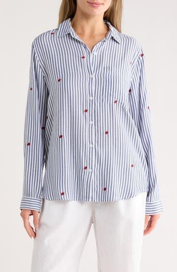 Beachlunchlounge Kaylee Heart Stripe Long Sleeve Button-up Shirt In Blue