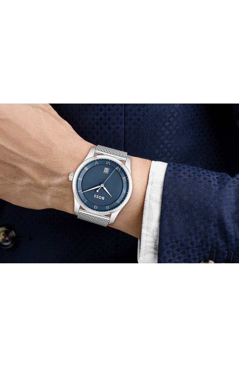 BOSS Principle Mesh Strap Watch, 41mm, Alternate, color, Silver/ Galvanic Blue