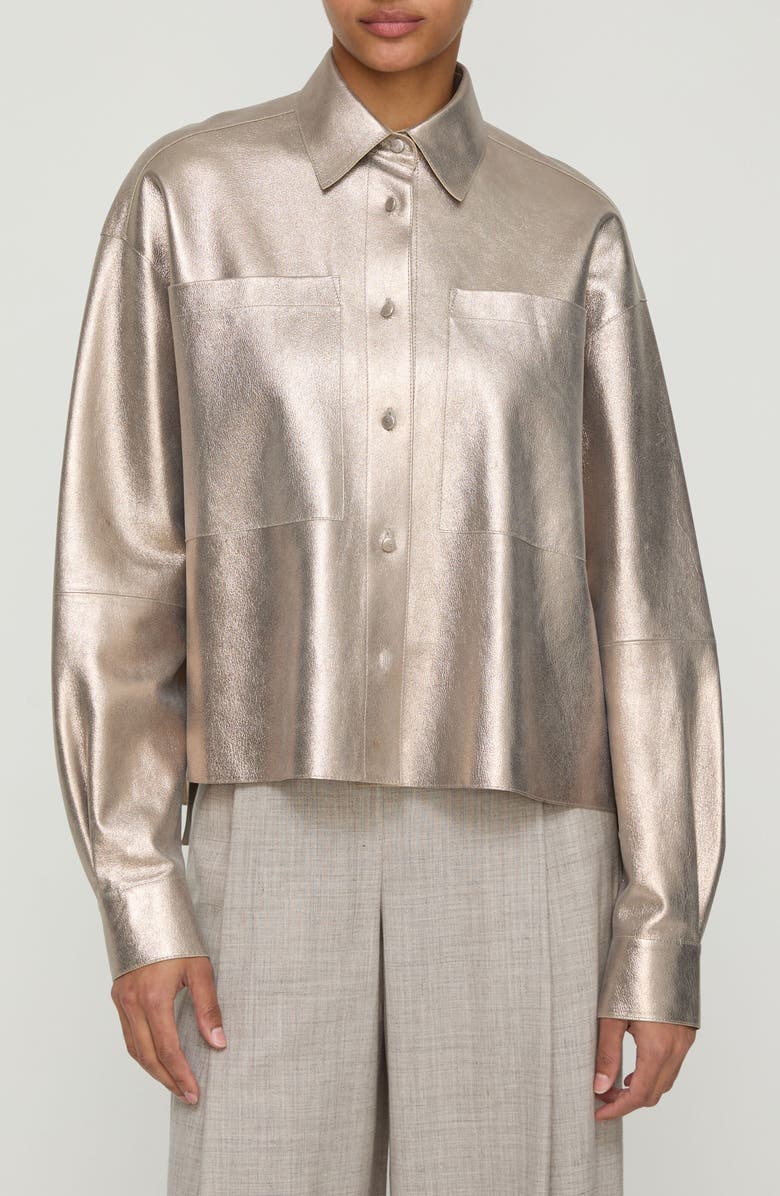 Lafayette 148 New York Metallic Stardust Suede Oversize Button-Up Shirt, Main, color, Natural Metallic