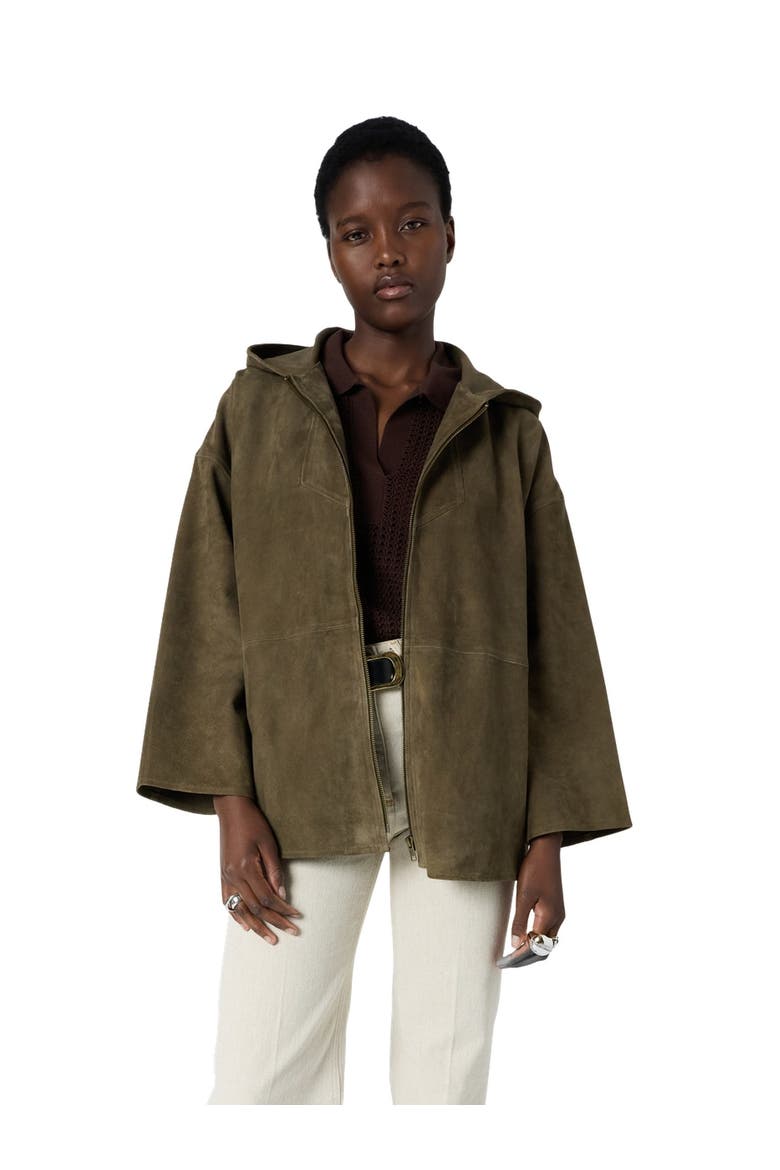 Tassya Zip-Up Hooded Suede Jacket, Main, color, Khaki Green