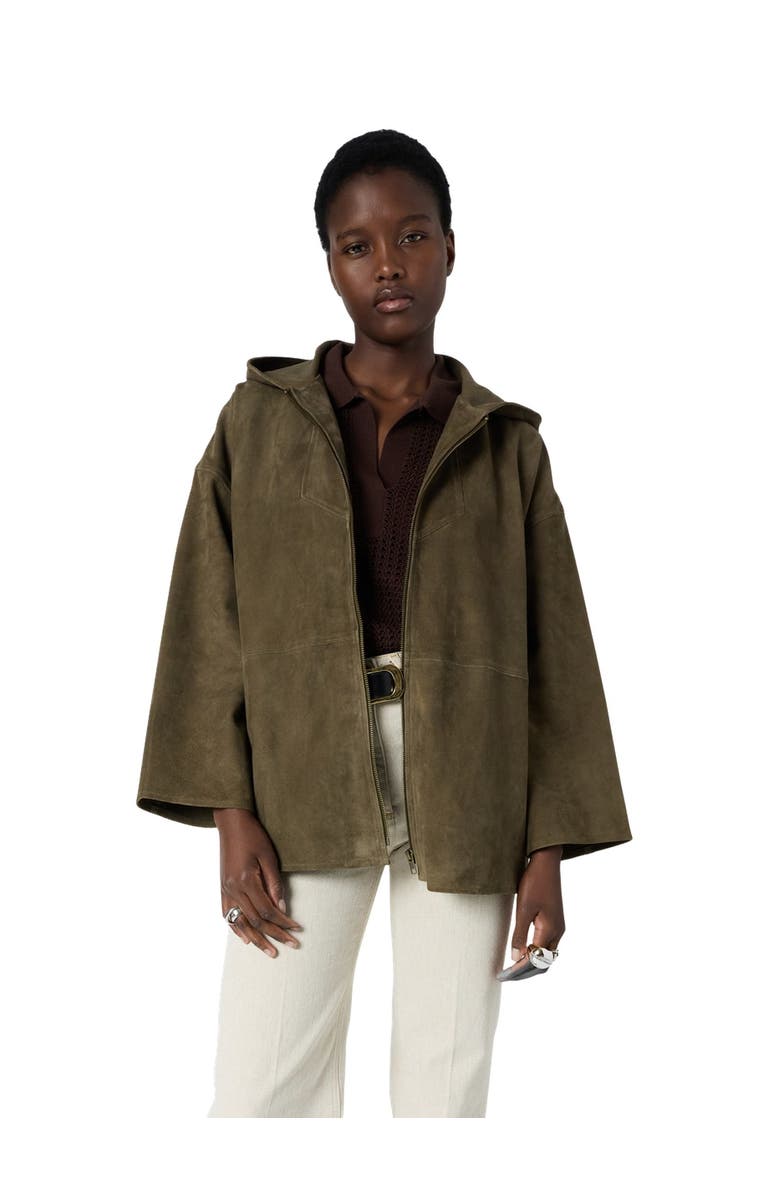 GERARD DAREL Tassya Zip-Up Hooded Suede Jacket, Main, color, Khaki Green