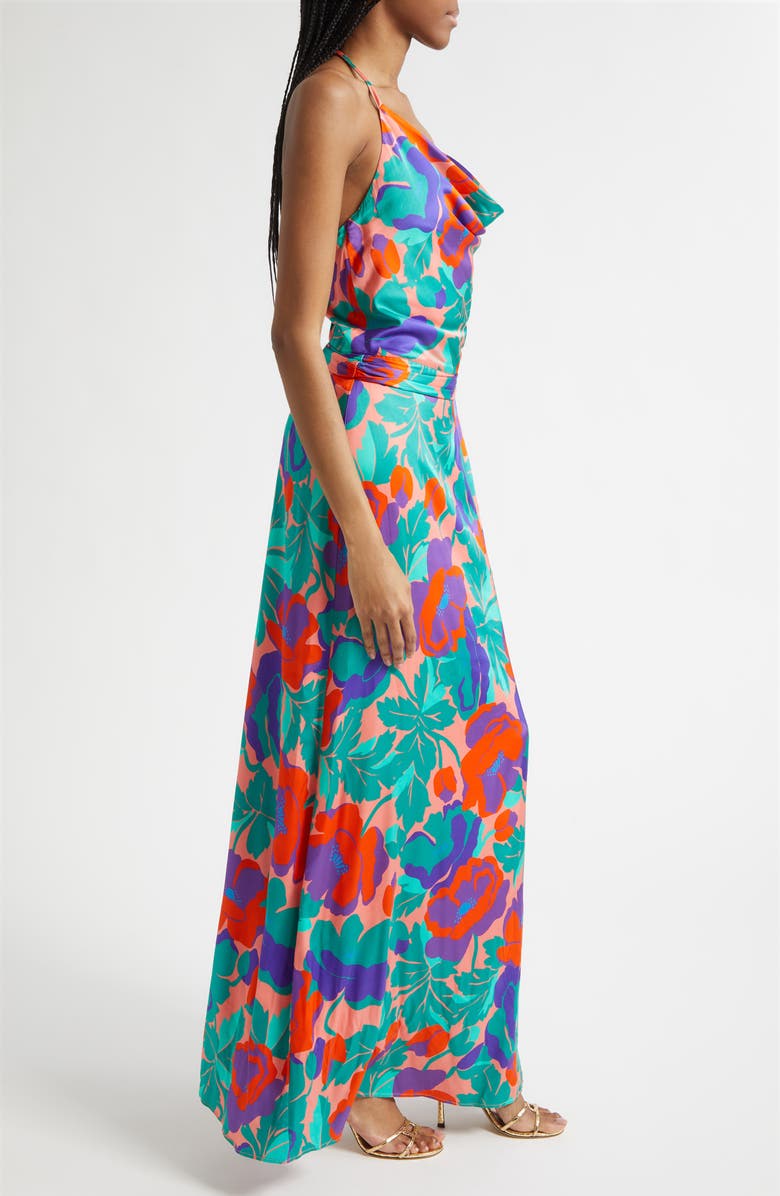 Ramy Brook Corrine Floral Halter Neck Satin Gown, Alternate, color, Coral Floral