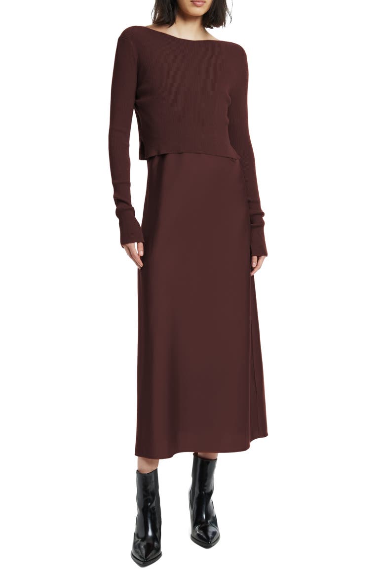 Hera Satin Slipdress with Rib Sweater, Main, color, RUST BROWN