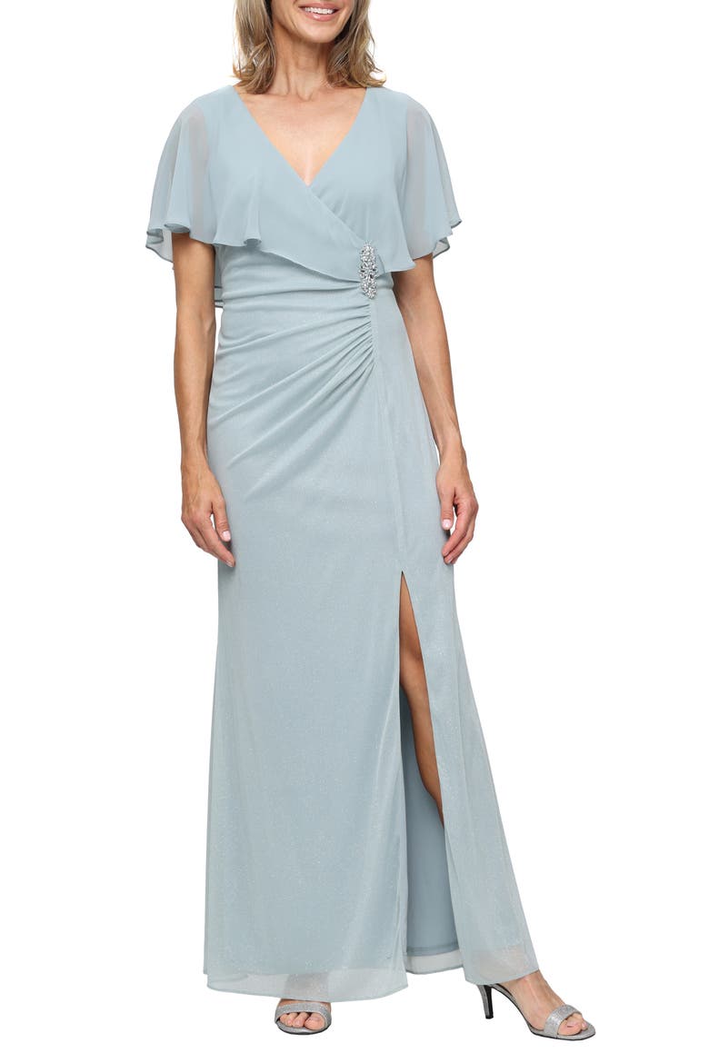 Rhinestone Detail Glitter Mesh Gown, Main, color, SAGE