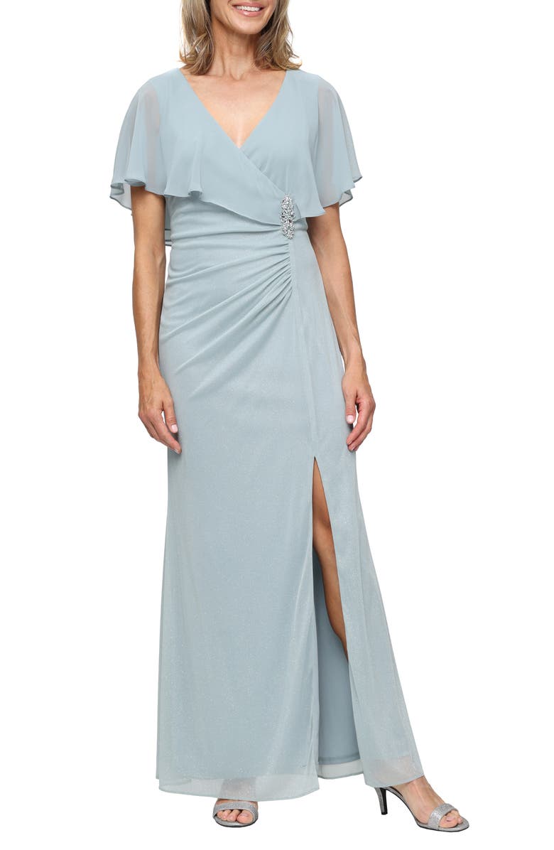 SL FASHIONS Rhinestone Detail Glitter Mesh Gown, Main, color, Sage