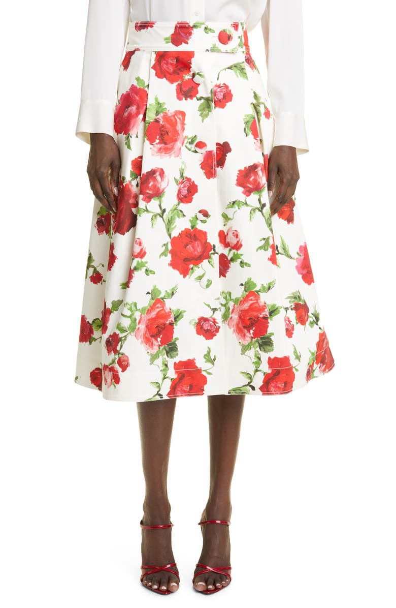 Carolina Herrera Rose Print Button Front Cotton A-Line Skirt, Main, color, 