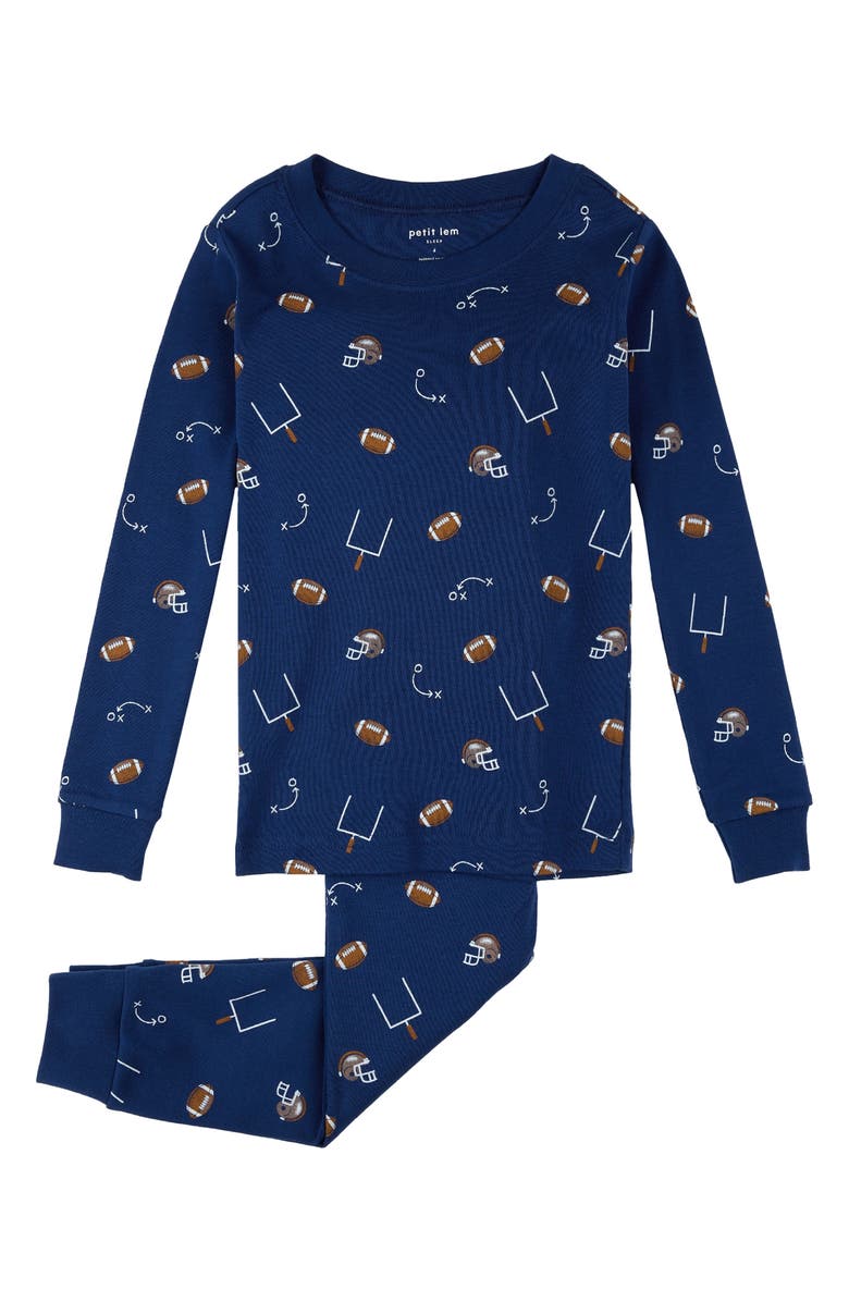 Petit Lem Kids' Football Print Fitted Two-Piece Organic Cotton Rib Pajamas, Main, color, Blue