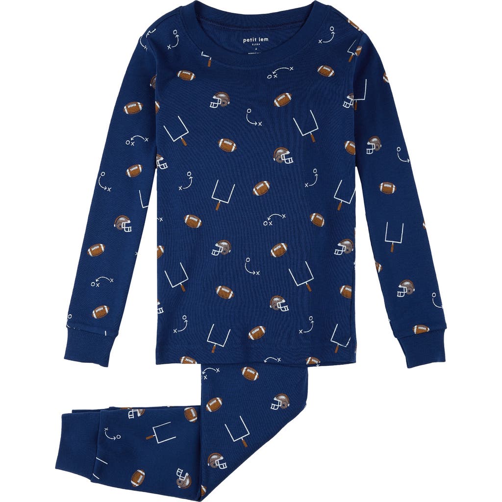 Petit Lem Kids' Football Print Fitted Two-Piece Organic Cotton Rib Pajamas in Blue