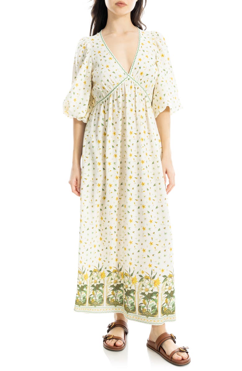 MAX STUDIO Puff Sleeve Plunge Neck Midi Dress, Alternate, color, 