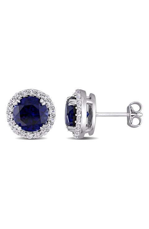 Sterling Silver Created Blue & White Sapphire Stud Earrings