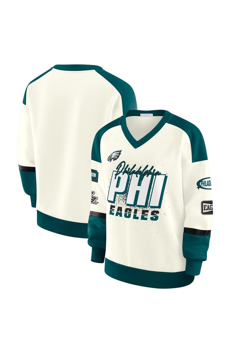 WEAR by Erin Andrews Women's WEAR by Erin Andrews  Cream Philadelphia Eagles Racing Crew V-Neck Sweatshirt, Main, color, Cream