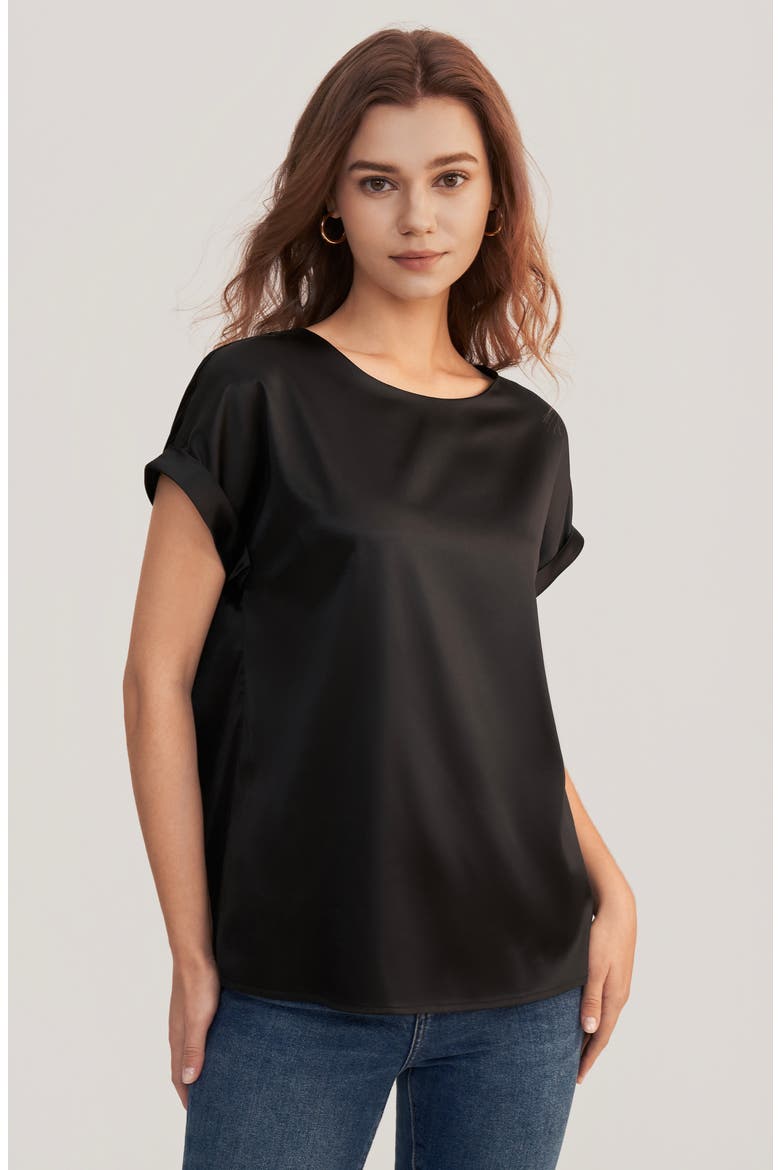 Women's Short Sleeves Round Neck Silk Tee, Alternate, color, Black