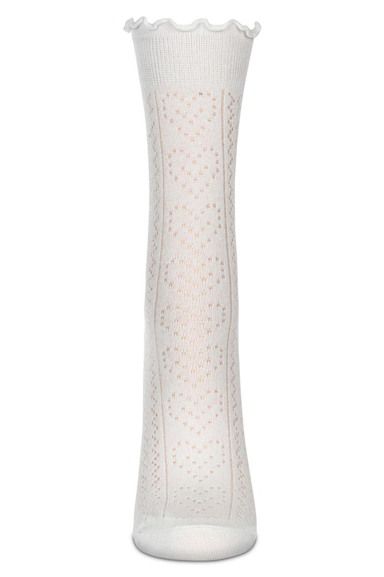 Heart Ruffle Cuff Cotton Blend Pointelle Crew Socks, Alternate, color, WHITE